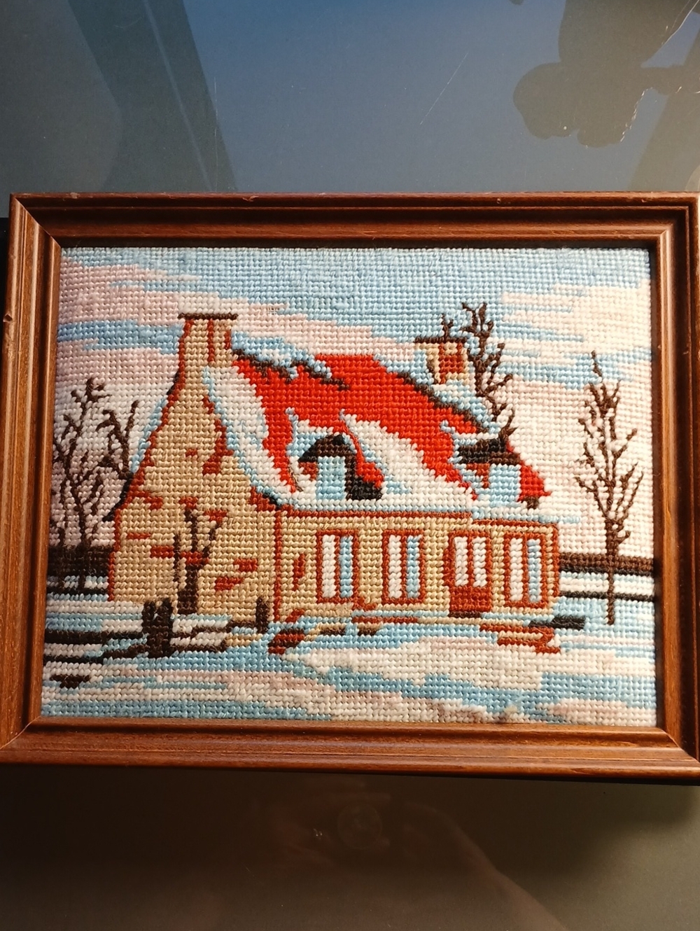 Old Framed Needlepoint of a Cottage In Winter